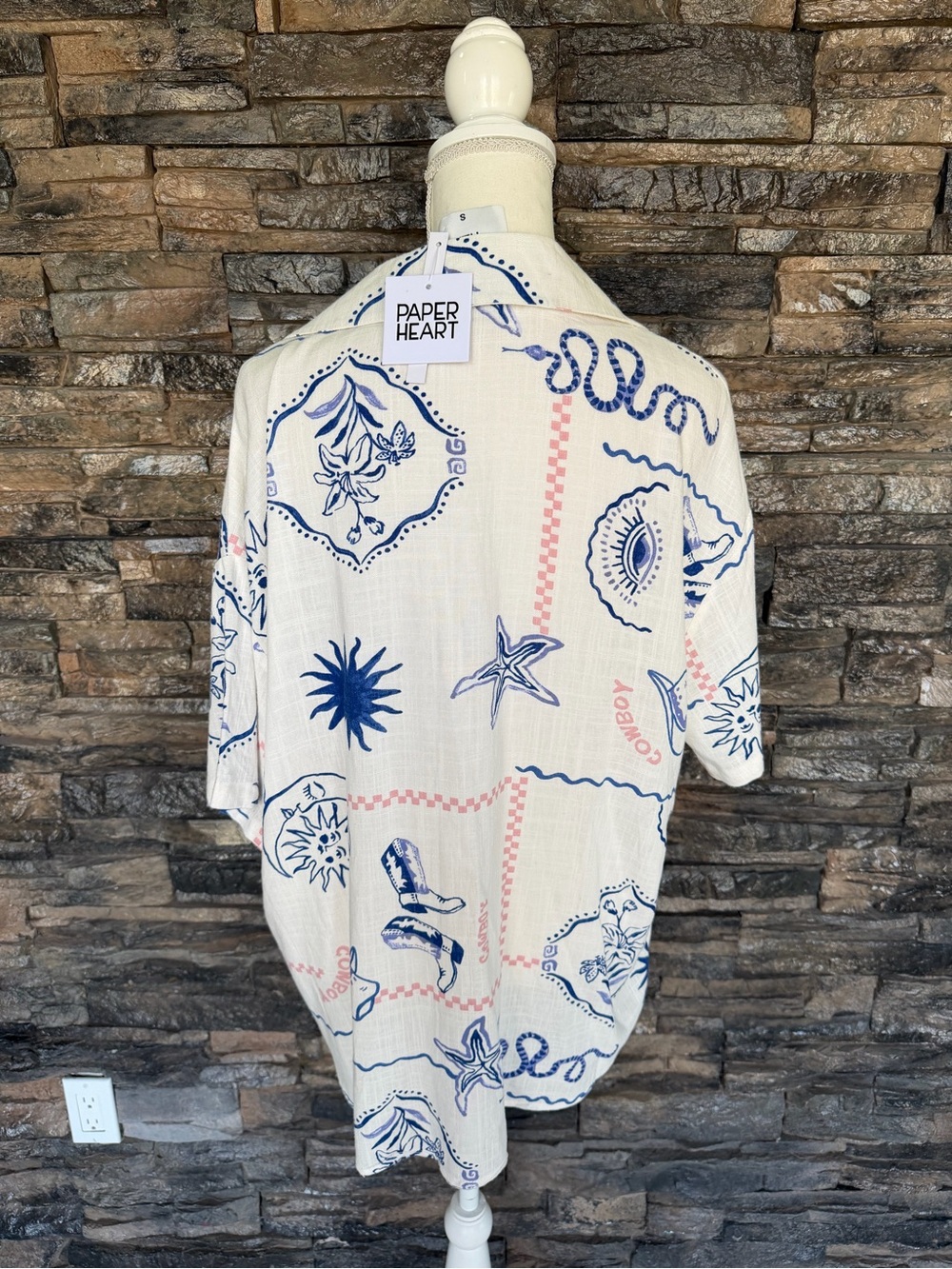 Women's White Short Sleeve Button-Up Top with Blue & Pink Print - Picture 3 of 13